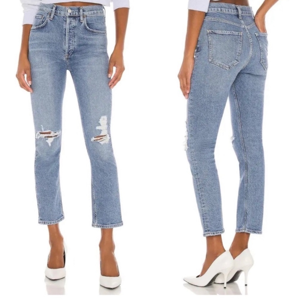 Agolde Riley High Rise Straight Crop Distressed Jeans in Whiplash Medium Wash 24